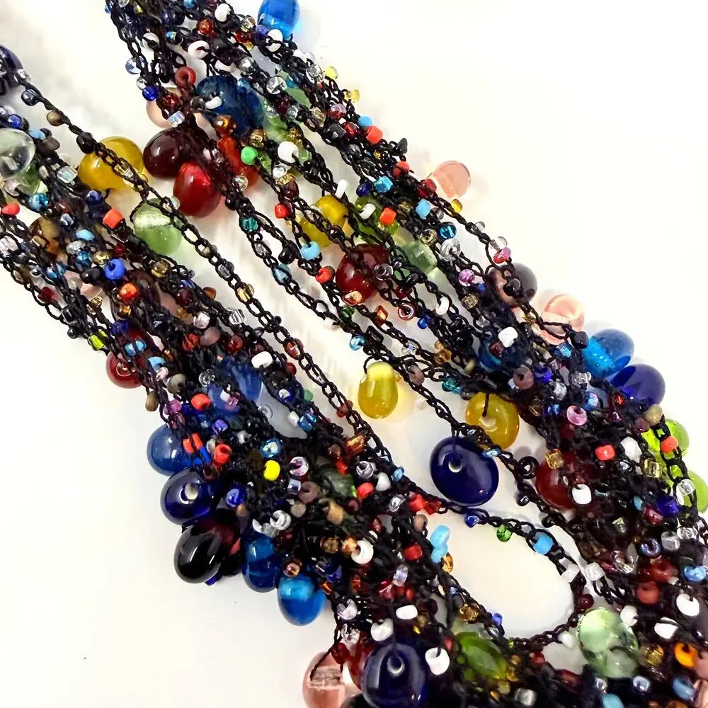 Lot 7 Art Glass Beaded Multi Strand Flapper Necklaces MOP Purple Pink Tortoise